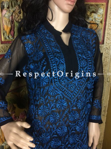 Ladies Blue Chikankari Embroidery Work Black Georgette Long Kurti.u602075863_New_db