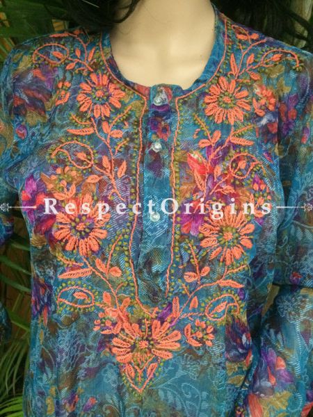 Ladies Blue Short Chiffon floral Pattern Chikankari Embroidery; com