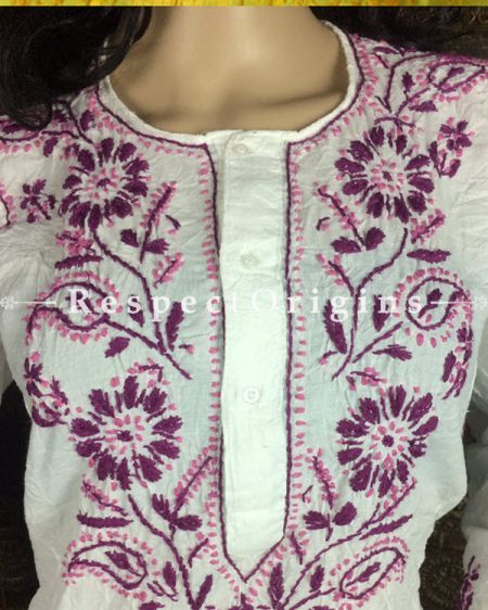 Ladies Long Kurti White Cotton Lucknow Chikankari Embroidery; com