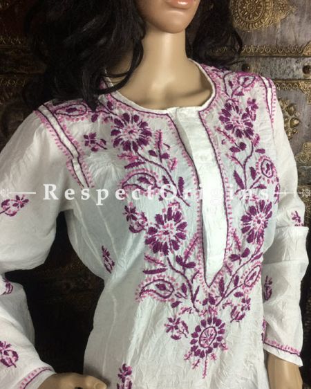 Ladies Long Kurti White Cotton Lucknow Chikankari Embroidery; com