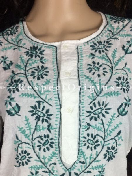 Ladies Long Kurti White Cotton with green Lucknow Chikankari Embroidery; com