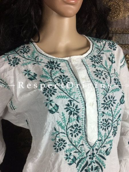 Ladies Long Kurti White Cotton with green Lucknow Chikankari Embroidery; com