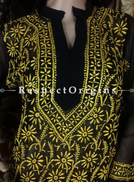 Ladies Yellow Chikankari Embroidery Work Black Georgette Long Kurti; u602075863_New_db