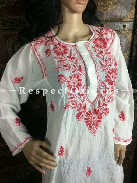 Lucknowi Chikankari embroidered Ladies long White Cotton Kurti with red embroidered neck work; com