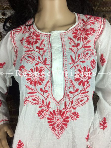 Kurti; Lucknow Chikankari embroidered Ladies White Cotton with red embroidered neck work.u602075863_New_db.
