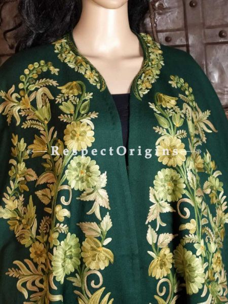 Ariwork Embroidered Green Cape Shawl on Semi- Pashmina Wool; Free Size; u602075863_New_db.com