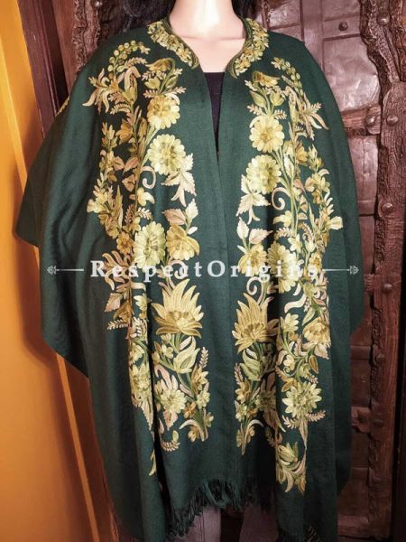 Ariwork Embroidered Green Cape Shawl on Semi- Pashmina Wool; Free Size; u602075863_New_db.com