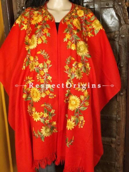 Ariwork Embroidered Red Cape Shawl on Semi- Pashmina Wool; Free Size; u602075863_New_db.com