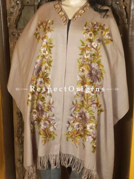 Ariwork Embroidered Brown Cape Shawl on Semi- Pashmina Wool; Free Size; u602075863_New_db.com