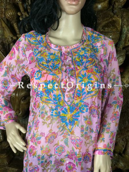 Pink Base Light Breezy Ladies Floral Pattern Chiffon Kurtis With Lucknow Chikankari Embroidery; com