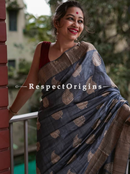 Blue Handwoven Pure Muga Tussar Silk Saree ; 5.5 Meters Length ; 120 Thread Count ; Blouse Included; u602075863_New_db.com