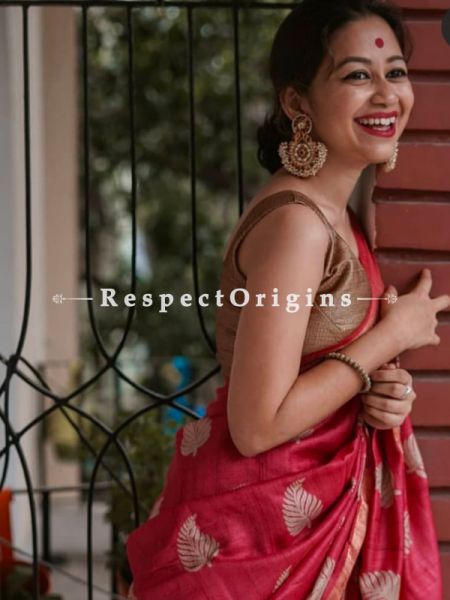 Red Handwoven Pure Muga Tussar Silk Saree ; 5.5 Meters Length ; 120 Thread Count ; Blouse Included; u602075863_New_db.com