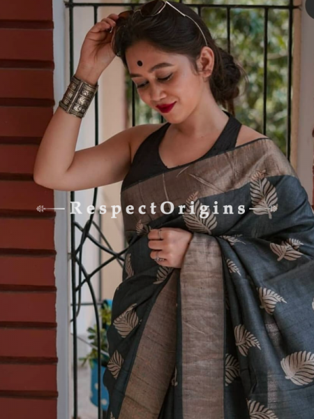 Black Handwoven Pure Muga Tussar Silk Saree ; 5.5 Meters Length ; 120 Thread Count ; Blouse Included; u602075863_New_db.com