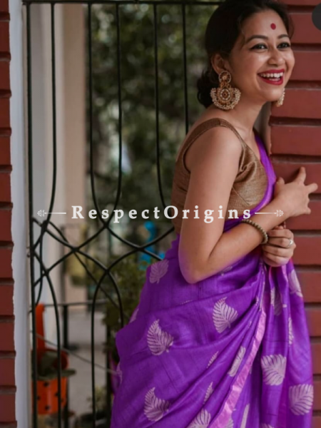 Purple Handwoven Pure Muga Tussar Silk Saree ; 5.5 Meters Length ; 120 Thread Count ; Blouse Included; u602075863_New_db.com
