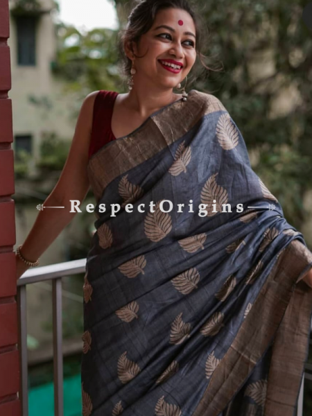 Blue Handwoven Pure Muga Tussar Silk Saree ; 5.5 Meters Length ; 120 Thread Count ; Blouse Included; u602075863_New_db.com
