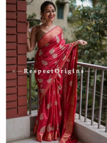 Red Handwoven Pure Muga Tussar Silk Saree ; 5.5 Meters Length ; 120 Thread Count ; Blouse Included; u602075863_New_db.com