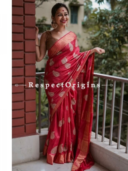 Red Handwoven Pure Muga Tussar Silk Saree ; 5.5 Meters Length ; 120 Thread Count ; Blouse Included; u602075863_New_db.com
