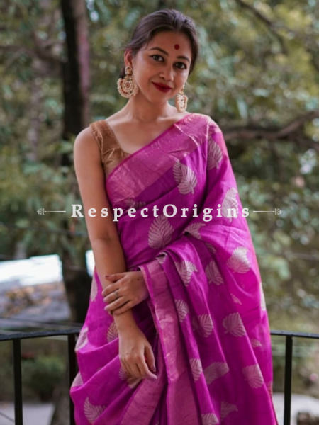 Pink Handwoven Pure Muga Tussar Silk Saree ; 5.5 Meters Length ; 120 Thread Count ; Blouse Included; u602075863_New_db.com