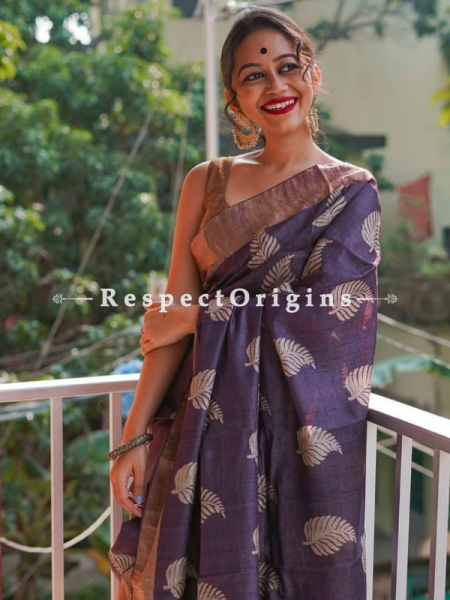Purple Handwoven Pure Muga Tussar Silk Saree ; 5.5 Meters Length ; 120 Thread Count ; Blouse Included; u602075863_New_db.com