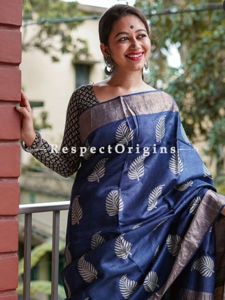 Blue Handwoven Pure Muga Tussar Silk Saree ; 5.5 Meters Length ; 120 Thread Count ; Blouse Included; u602075863_New_db.com