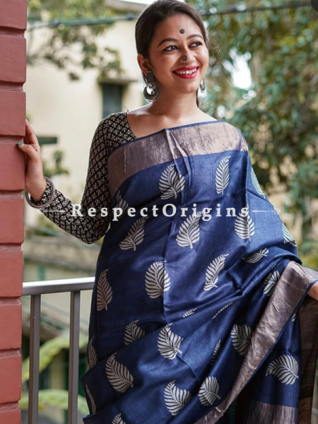 Blue Handwoven Pure Muga Tussar Silk Saree ; 5.5 Meters Length ; 120 Thread Count ; Blouse Included; u602075863_New_db.com