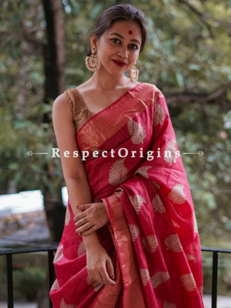 Red Handwoven Pure Muga Tussar Silk Saree ; 5.5 Meters Length ; 120 Thread Count ; Blouse Included; u602075863_New_db.com