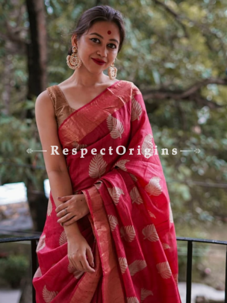 Red Handwoven Pure Muga Tussar Silk Saree ; 5.5 Meters Length ; 120 Thread Count ; Blouse Included; u602075863_New_db.com