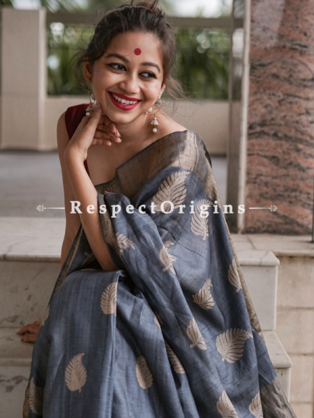 Grey Handwoven Pure Muga Tussar Silk Saree ; 5.5 Meters Length ; 120 Thread Count ; Blouse Included; u602075863_New_db.com