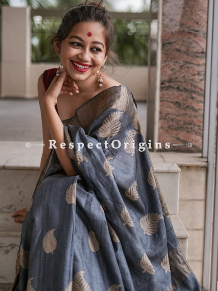 Grey Handwoven Pure Muga Tussar Silk Saree ; 5.5 Meters Length ; 120 Thread Count ; Blouse Included; u602075863_New_db.com
