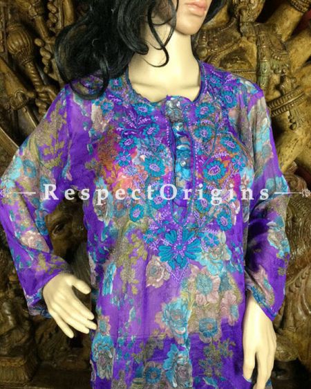 Purple Ladies Short Floral Pattern Chiffon Kurtis With Lucknow Chikankari Embroidery; com