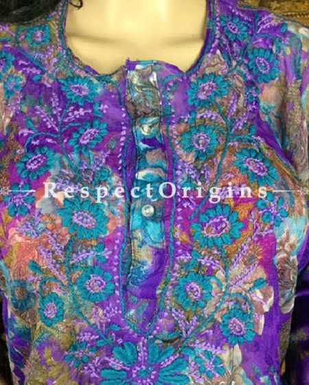Purple Ladies Short Floral Pattern Chiffon Kurtis With Lucknow Chikankari Embroidery; com