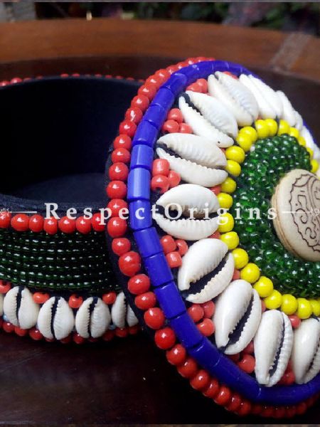Red, blue and green Jewellery Box With Beads and Sea Shells; Ladakhi Beaded Container; u602075863_New_db.com