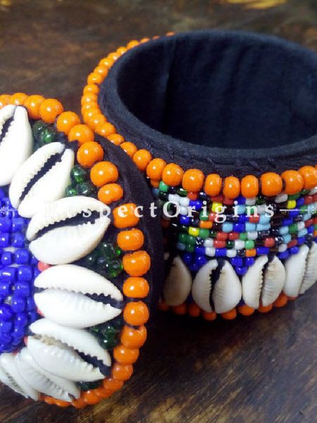 orange, blue and black Jewellery Box With Beads and Sea Shells; Ladakhi Beaded Container; u602075863_New_db.com