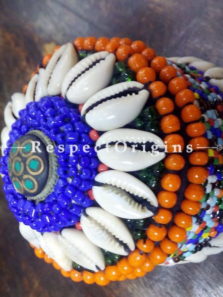 orange, blue and black Jewellery Box With Beads and Sea Shells; Ladakhi Beaded Container; u602075863_New_db.com