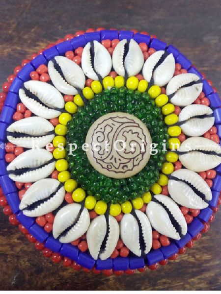 Red, blue and green Jewellery Box With Beads and Sea Shells; Ladakhi Beaded Container; u602075863_New_db.com