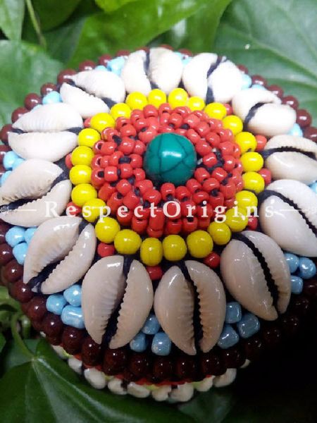Red, blue and yellow Jewellery Box With Beads and Sea Shells; Ladakhi Beaded Container; u602075863_New_db.com