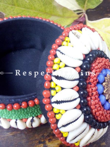 Red, Yellow And Blue jewellery Box With Beads And Sea Shells; Ladakhi Beaded Container; u602075863_New_db.com