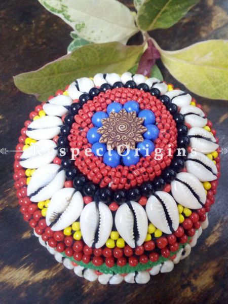 Red, Yellow And Blue jewellery Box With Beads And Sea Shells; Ladakhi Beaded Container; u602075863_New_db.com