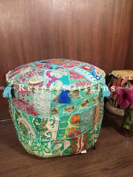 Green Round Shape Gujarati Patchwork Ottoman Poof Cover; Cotton; 14 x 18 Inches; com