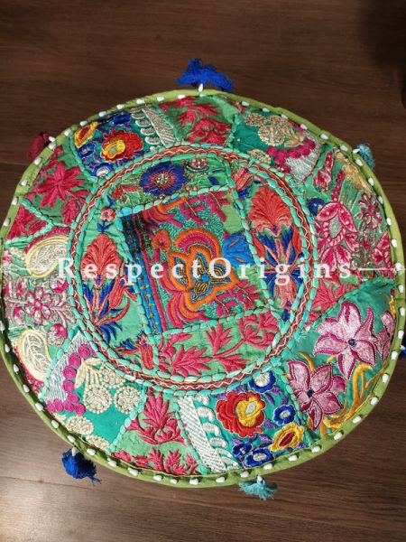 Green Round Shape Gujarati Patchwork Ottoman Poof Cover; Cotton; 14 x 18 Inches; com