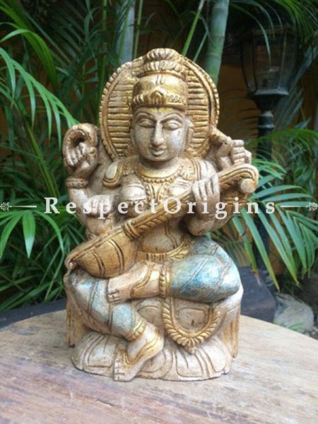Buy Saraswati Idol or Figurine; Beige, Tamil Nadu Wood Craft 10x3x6 in At u602075863_New_db.com