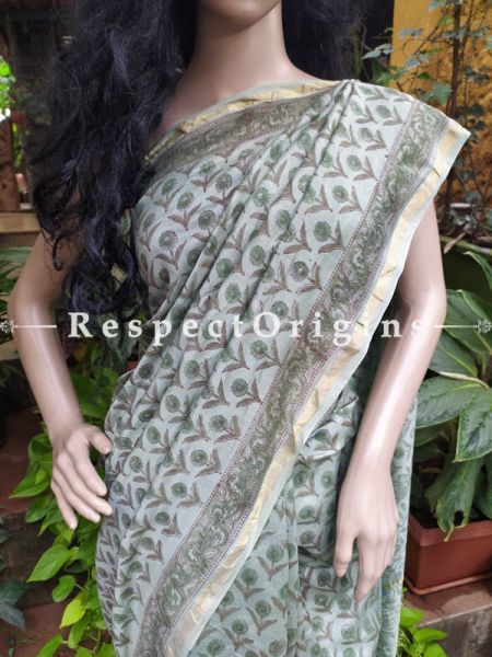 Sanganeri Hand- Block print Chanderi Cotton Silk Saree with Zari Border; Running Blouse