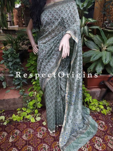 Sanganeri Hand- Block print Chanderi Cotton Silk Saree with Zari Border; Running Blouse