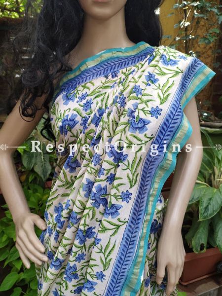 Sanganeri Hand- Block print Chanderi Cotton Silk Saree with Zari Border; Running Blouse