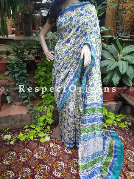 Sanganeri Hand- Block print Chanderi Cotton Silk Saree with Zari Border; Running Blouse