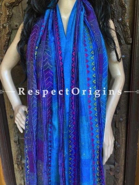 Vibrant Silken Kantha Embroidered Blue Stole, Dupatta, Shawl Gift for Her; u602075863_New_db.com
