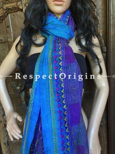 Vibrant Silken Kantha Embroidered Blue Stole, Dupatta, Shawl Gift for Her; u602075863_New_db.com