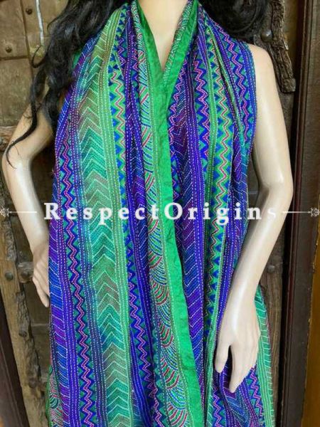 Beautiful Silken Kantha Embroidered Blue and Green Stole, Dupatta, Shawl; u602075863_New_db.com