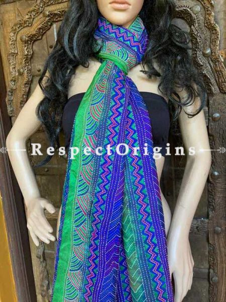 Beautiful Silken Kantha Embroidered Blue and Green Stole, Dupatta, Shawl; u602075863_New_db.com