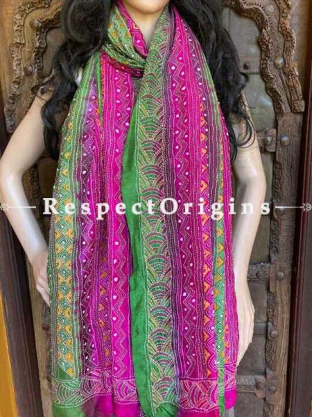 Fabulous Silken Kantha Embroidered Green and Pink Stole, Dupatta, Shawl Gift for her; u602075863_New_db.com